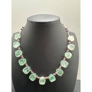 Prehnite & Pink Bead Necklace With Lobster Clasp 925 Closure 18 Inches